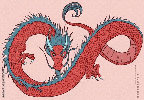 hand drawn japanese vector dragon in blue and orange colours