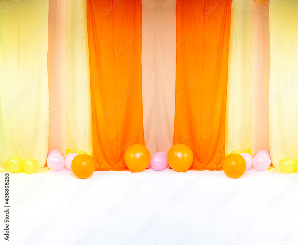 Elegant backdrop made with fabric velvet rolls and balloons for studio