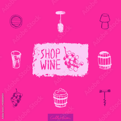 Wine industry icons set. Winemaking hand drawn illustrations for winery symbol, wine shop, alcohol store, vector logo templates, biodynamic wines, wine bar sign. Wine cork, octave, grape, stopper.