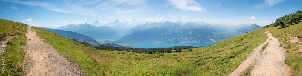 Fototapeta premium hiking trail at wide Niederhorn mountain ridge, with vew to swiss alps Bernese Oberland and lake Thunersee