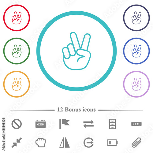 Victory sign hand gesture flat color icons in circle shape outlines