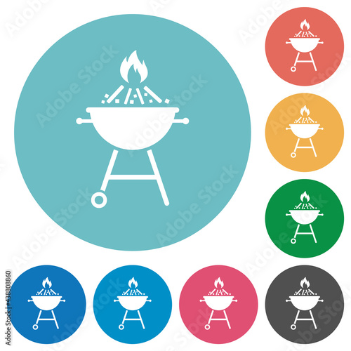 Burning barbecue grill flat round icons