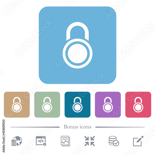 Locked round padlock flat icons on color rounded square backgrounds
