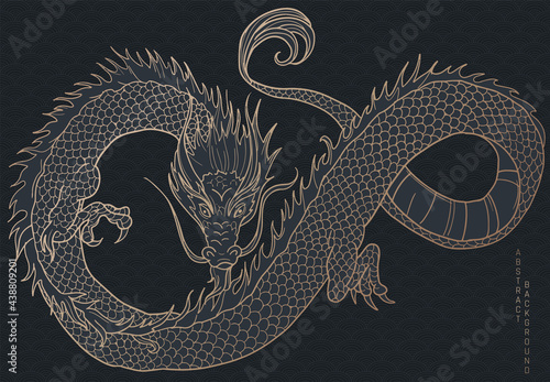 Papier peint hand drawn japanese vector dragon in black and gold colours