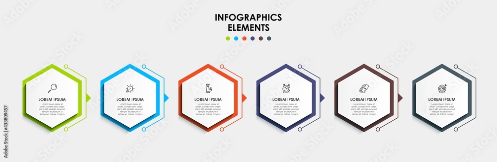 Vector Infographic design business template with icons and 6 options or steps. Can be used for process diagram, presentations, workflow layout, banner, flow chart, info graph Vector Infographic design business template with icons and 6 options or steps. Can be used for process diagram, presentations, workflow layout, banner, flow chart, info graph