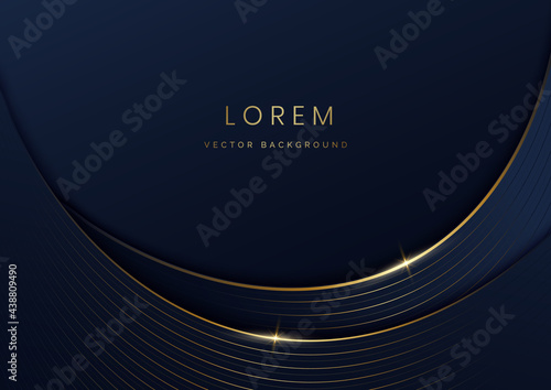 Abstract curve dark blue layer luxury background with golden line curve on dark blue background.
