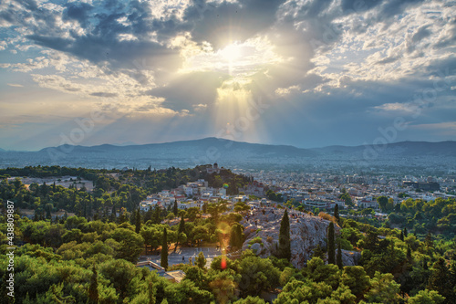 Fototapeta Naklejka Na Ścianę i Meble -  ATHENS,GREECE-JUNE 7,2021:Panoramic view of Athens from the Parthenon at sunset.