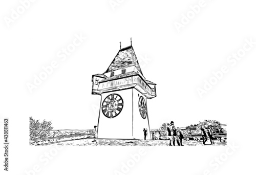 Building view with landmark of Graz is the city in Austria. Hand drawn sketch illustration in vector.