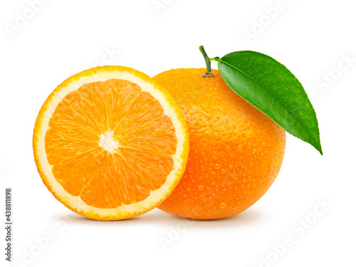 Natural Valecia orange fruit with cut in half and green leaves isolated on white background