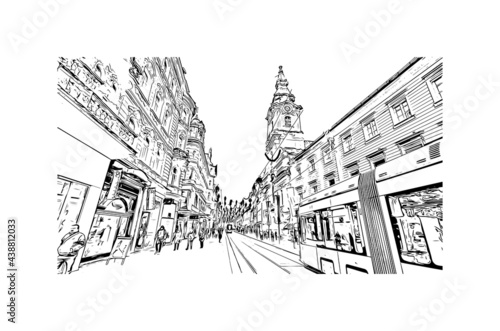 Building view with landmark of Graz is the 
city in Austria. Hand drawn sketch illustration in vector.