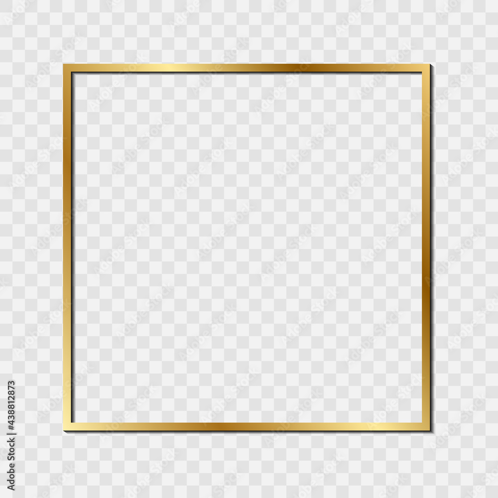 Fototapeta Gold shiny glowing vintage frame with shadows isolated on transparent background. Golden luxury realistic rectangle border. PNG