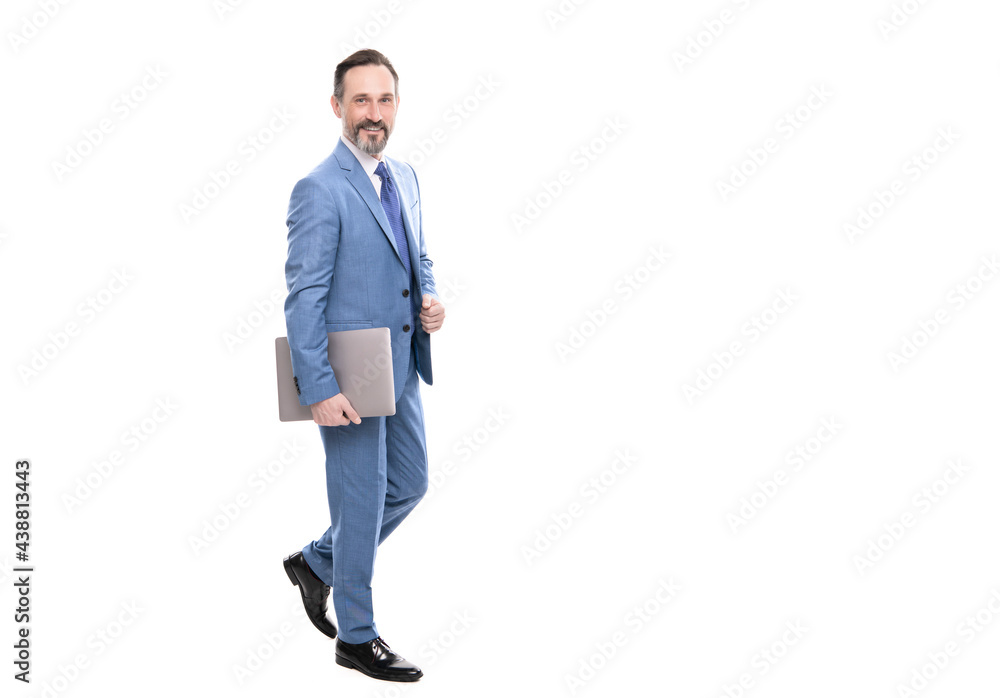 happy grizzled boss in suit full length walking with laptop isolated on white copy space, freelancer happy grizzled boss in suit full length walking with laptop isolated on white copy space, freelancer