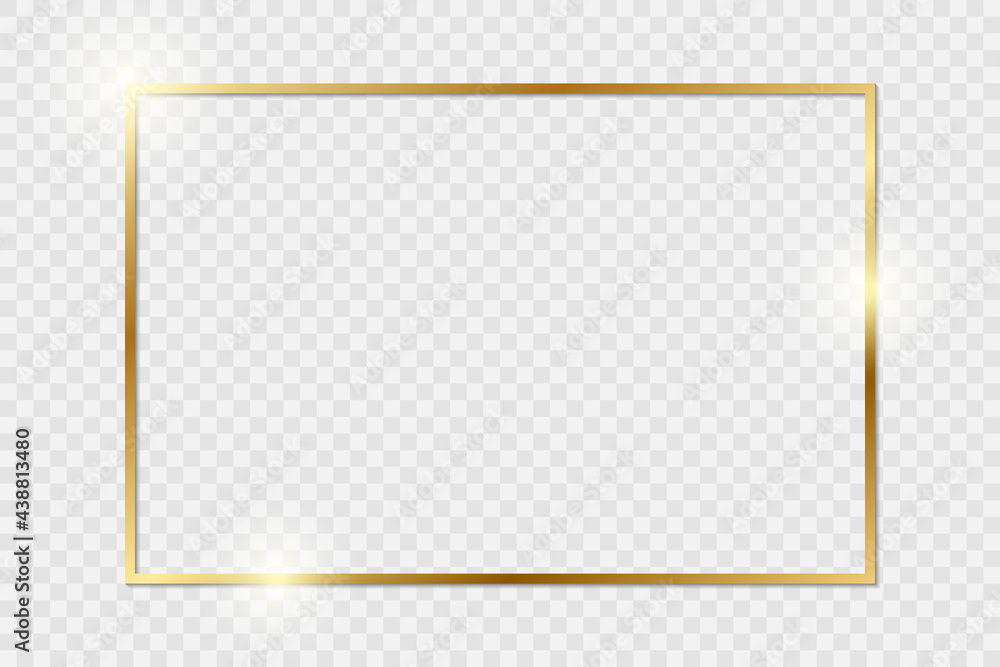 Gold shiny glowing vintage frame with shadows isolated on transparent background. Golden luxury realistic rectangle border. PNG - obrazy, fototapety, plakaty 