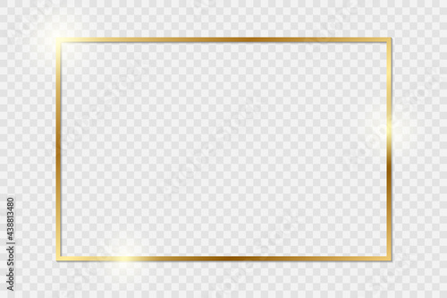Gold shiny glowing vintage frame with shadows isolated on transparent background. Golden luxury realistic rectangle border. PNG