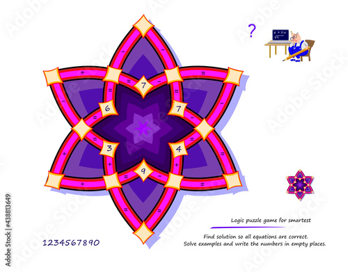 Logic puzzle game for smartest. Find solution so all equations are correct. Solve examples and write the numbers in empty places. Mathematical maze. Brain teaser book. Memory training for seniors.