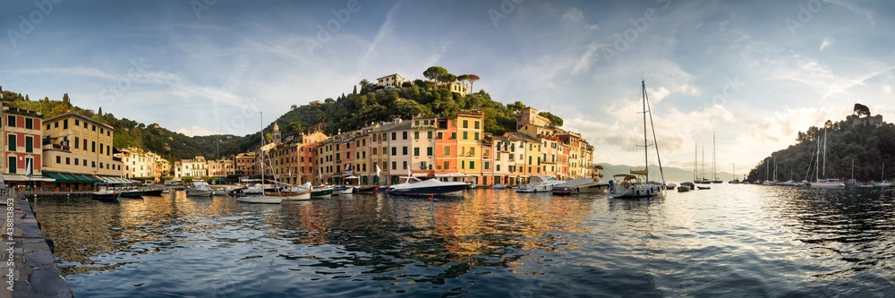 Panoramic view of Portofino harbour at sunrise, Genoa, Italy Panoramic view of Portofino harbour at sunrise, Genoa, Italy