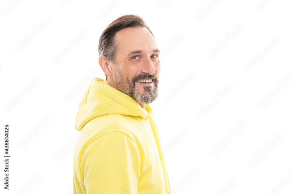 smiling handsome mature man with beard and moustache in hoody isolated on white, grizzled hair smiling handsome mature man with beard and moustache in hoody isolated on white, grizzled hair