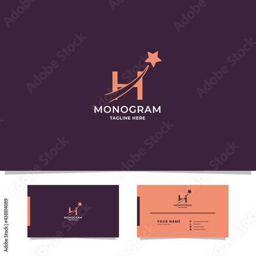 Simple and minimalist orange shooting star on letter H monogram initial logo in purple background with business card template photo