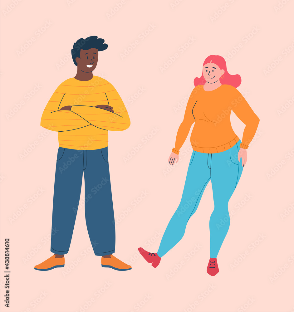 Young smiling male and female characters wearing baggy clothes to hide their fat on pink background