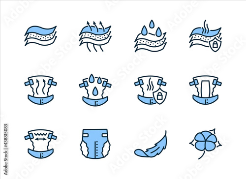 Properties of diapers flat line icon set blue color. Vector illustration breathability, moisture resistance, odor protection, softness, cotton. Editable strokes