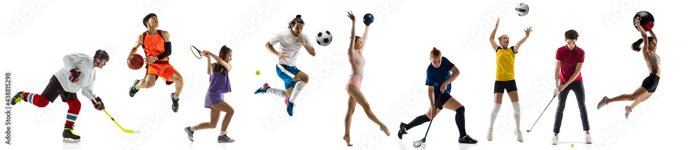 Sport collage. Tennis, soccer football, basketball players posing isolated on white studio background.