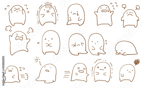 怒ったり落ち込んだり焦ったりするシンプルなかわいい生き物のイラストセット　手描き　落書き　悲しいイメージ