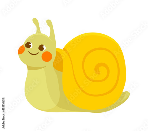 Cute yellow smiling snail on white background