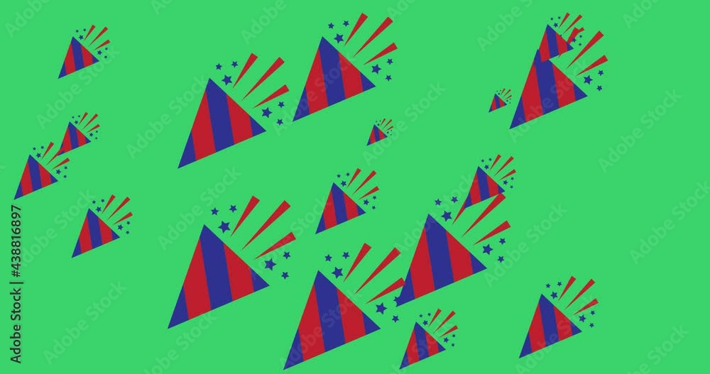 Animation of blue and red fireworks moving over green background Animation of blue and red fireworks moving over green background