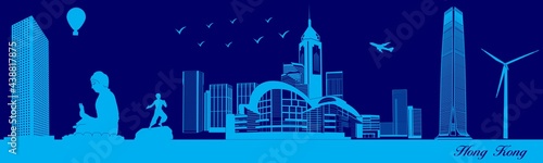 Vector city skyline silhouette - illustration, 
Town in blue background, 
Hong Kong