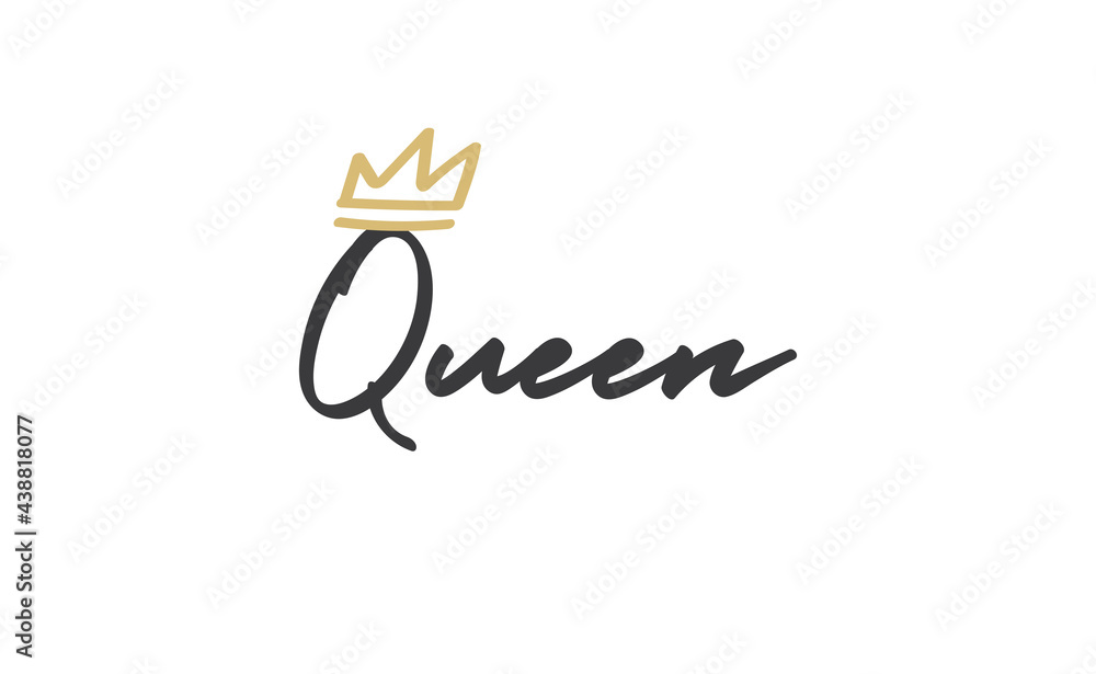 Queen word lettering with gold doodle crown. Vector illustration, calligraphic style text. Queen word lettering with gold doodle crown. Vector illustration, calligraphic style text.