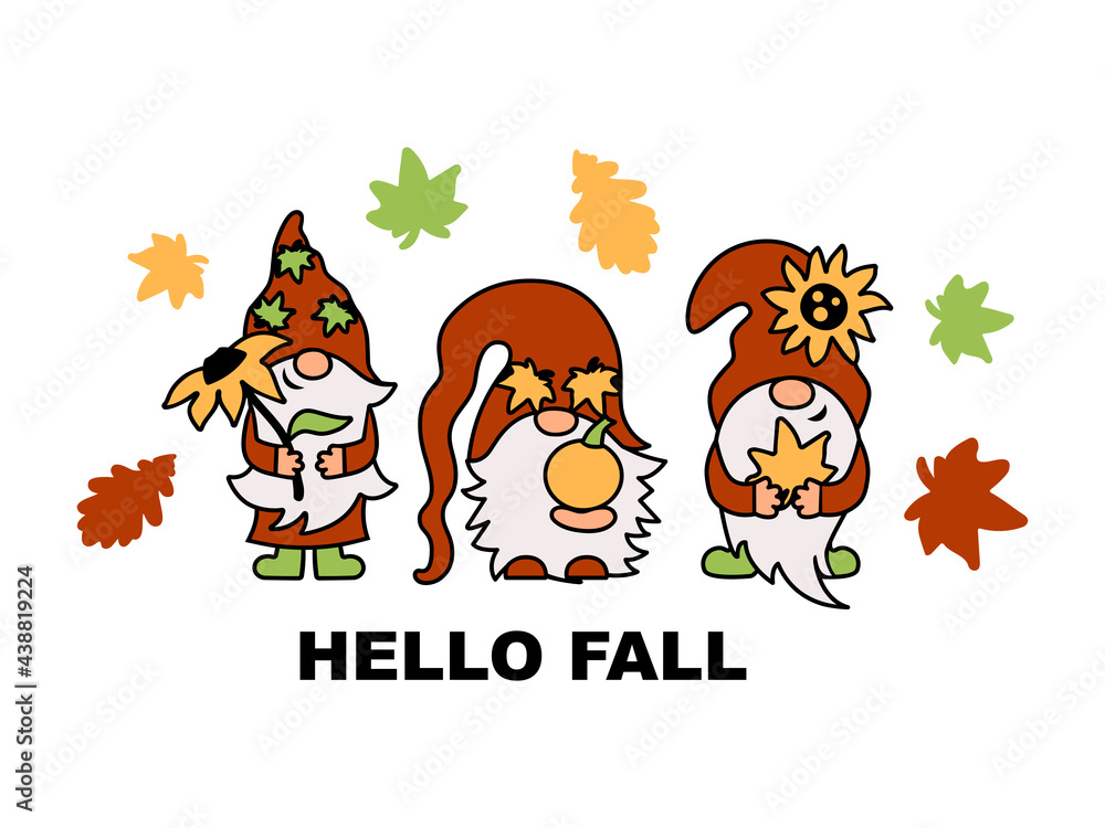 Three gnomes with pumpkin, sunflower and autumn leaves are on white background. Hello fall. Vector illustration.