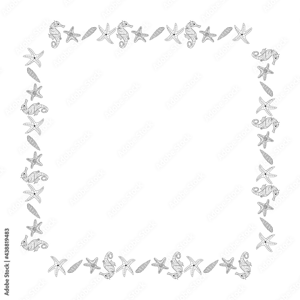 Square frame with black-and-white sea shells, seahorse and starfish on white background. Vector image.