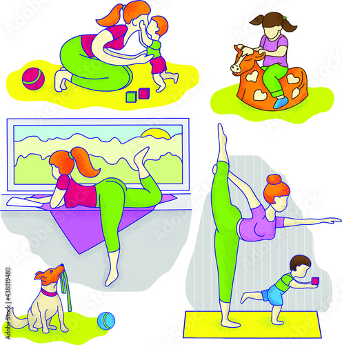 Vector set of illustrations on the theme of recreation and playing with a child. Loving family. Mom practices yoga with her child and rests. Color and bright vector graphics.