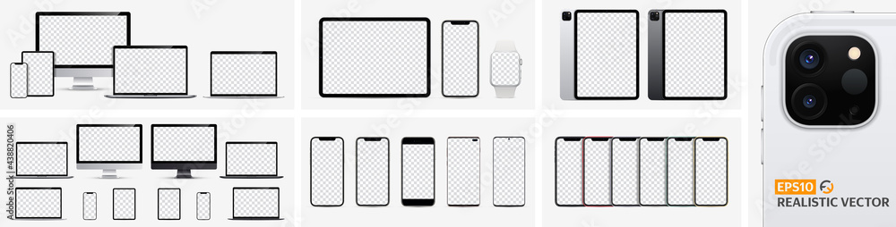 Realistic big set with high detail. Device screen mockup collection. Display, smartphone, tablet, laptop, monoblock monitor and watch silver with blank screen for you design. Vector illustration Realistic big set with high detail. Device screen mockup collection. Display, smartphone, tablet, laptop, monoblock monitor and watch silver with blank screen for you design. Vector illustration