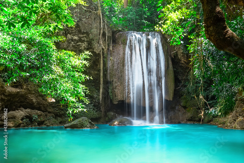 Beautiful waterfall in forest at Erawan National Park in Thailand.