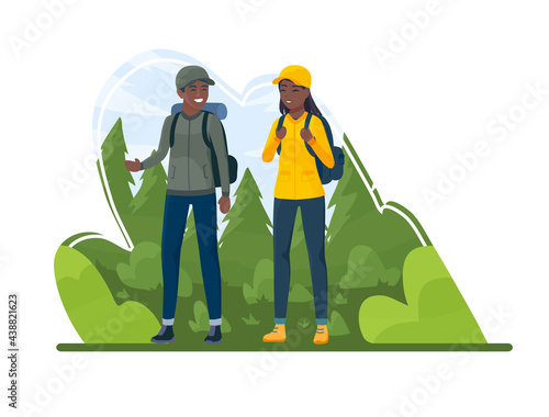 Tourist African couple hiking activity. Black Man and woman climbing, Walking, outdoor recreation