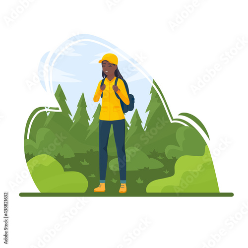 Tourist African girl hiking. Black Woman climbing, Walking, outdoor recreation in the forest