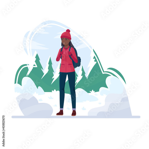 Tourist African girl hiking. Black Woman climbing, Walking, outdoor recreation in the forest. Female character