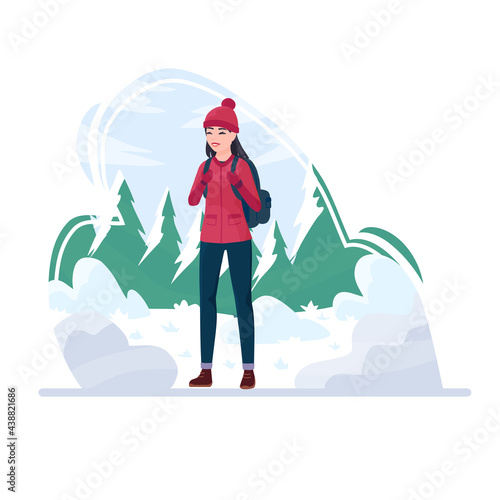 Tourist girl hiking. Woman climbing, Walking, outdoor recreation in the forest. Female character