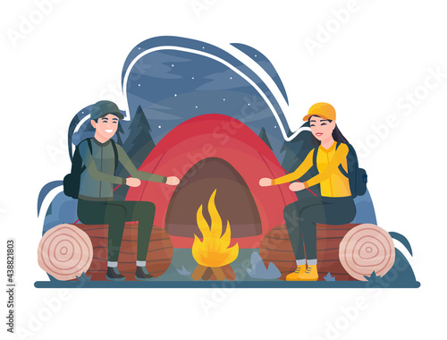 Tourist couple hiking activity. Man and woman camping fire, Picnic with tent at night