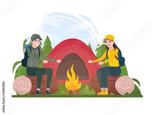 Tourist couple hiking activity. Man and woman camping, Picnic, outdoor recreation in the forest