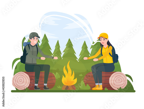 Tourist couple hiking activity. Man and woman camping, Picnic, outdoor recreation in the forest