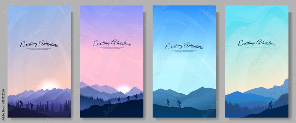 Vector landscapes set. Travel concept of discovering, exploring and observing nature. Hiking. Adventure tourism. Polygonal flat design for coupon, voucher, gift card, flyer. People climb on cliff