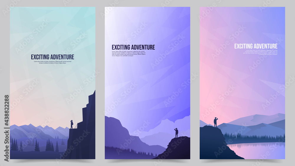 Vector illustration. Travel concept of discovering, exploring and observing nature. Hiking. Adventure tourism. Minimalist graphic flyers. Polygonal flat design for coupon, voucher, gift card, flyer