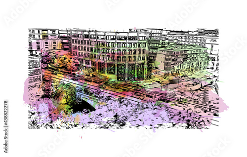 Building view with landmark of Greenville is a city in South Carolina. Watercolor splash with hand drawn sketch illustration in vector.