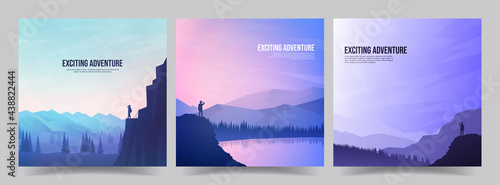 Vector illustration. Travel concept of discovering, exploring and observing nature. Hiking. Adventure tourism. Minimalist graphic flyers. Polygonal flat design for social media, blog post, gift card