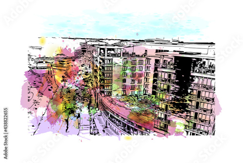 Building view with landmark of Greenville is a city in South Carolina. Watercolor splash with hand drawn sketch illustration in vector.