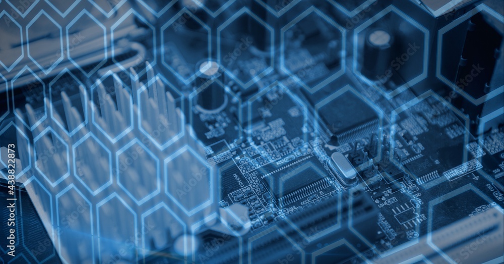 Fototapeta premium Composition of hexagons over computer processor circuit board server