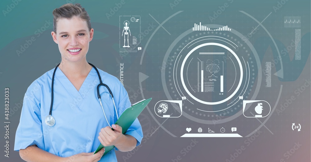 Composition of smiling female doctor with medical data processing Composition of smiling female doctor with medical data processing