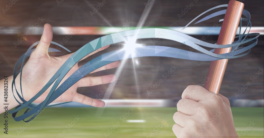 Composition of caucasian athletes passing orange relay baton with blue trails and glowing light